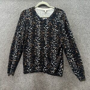 Talbots Cardigan Sweater Women Medium Leopard Print Brown Black Cotton Button Up